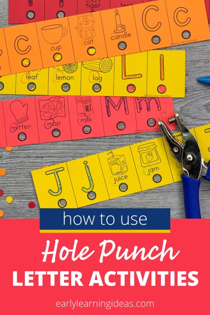 Hole punch letter activities for kids in preschool and kindergarten. A letter J, letter M, letter L, and letter C activity are in the image with a hole punch.
