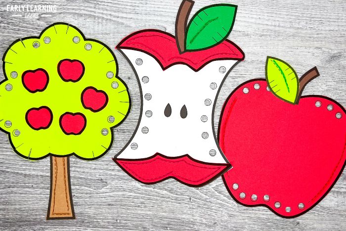 printable fine motor apple crafts made from brightly colored paper.