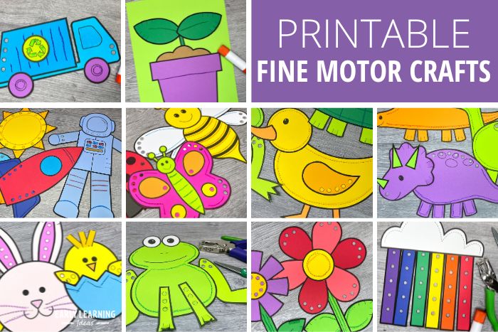 printable fine motor crafts and activities for kids.  These hole punch crafts for kids help build pre-writing skills and scissor skills.  The images in the collage include a recycling truck craft, a seedling craft, a printable sun, rocket, and astronaut craft, a butterfly, bumblebee, duck, dinosaur, bunny, chick frog, flowers, and rainbow hole punching craft
