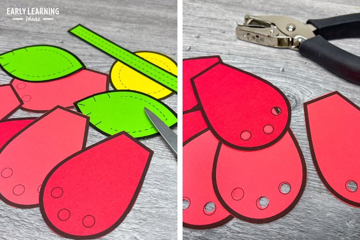 hole punch with flower printable fine motor crafts for kids.  Flower petals hole punch craft for kids.
