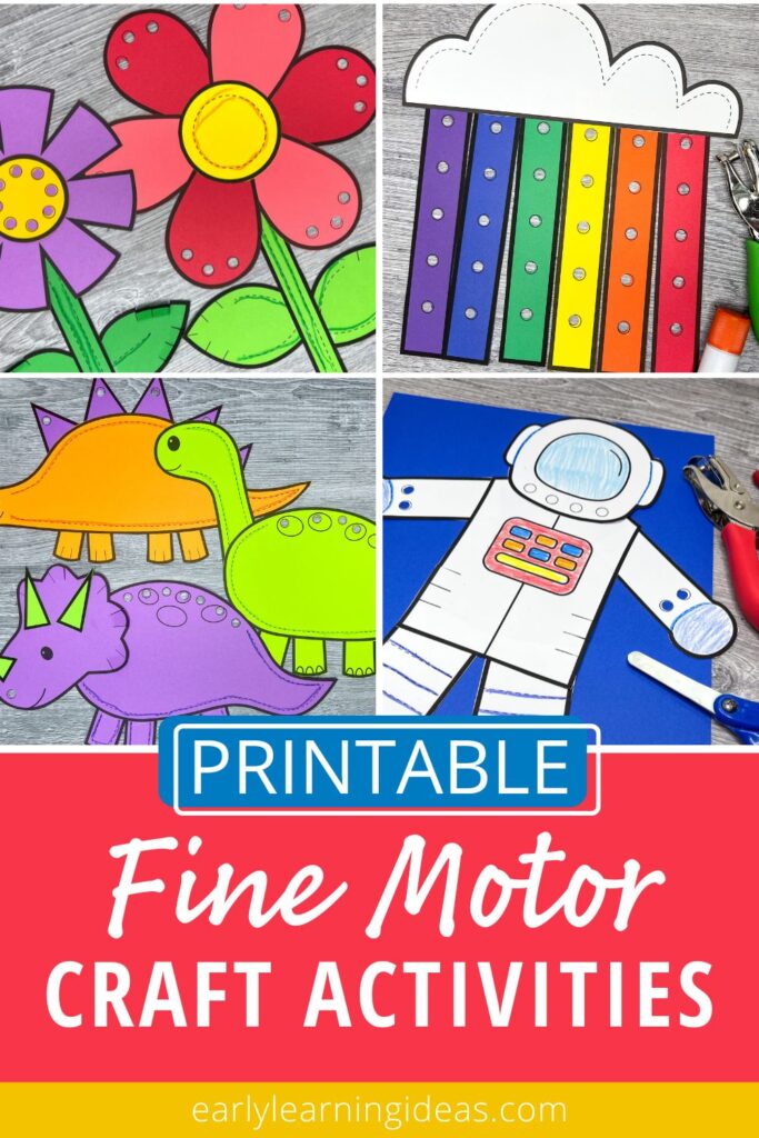 printable fine motor crafts for kids in preschool, pre-k, and kindergarten.  Images include flowers, a rainbow dinosaurs, and an astronaut.  The activities include fine motor crafts for all seasons including Flower theme activities for preschool and activities for your plant theme for preschool