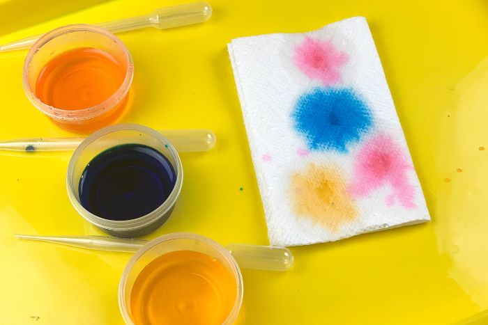 using an eyedropper to add drops of paint to a white paper towel is an example of art activities for fine motor skills