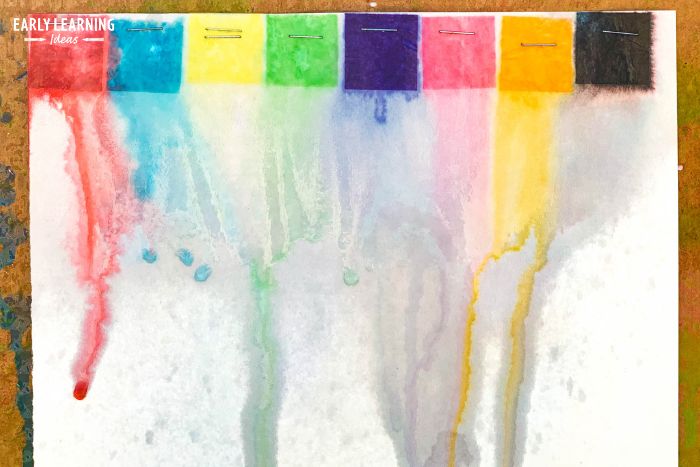 water and color dripping down the paper with a spray bottle painting activity for kids.