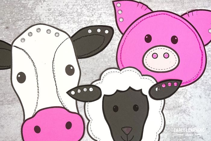 printable fine motor crafts for kids - the farm animal crafts include a cow, sheep, and pig.