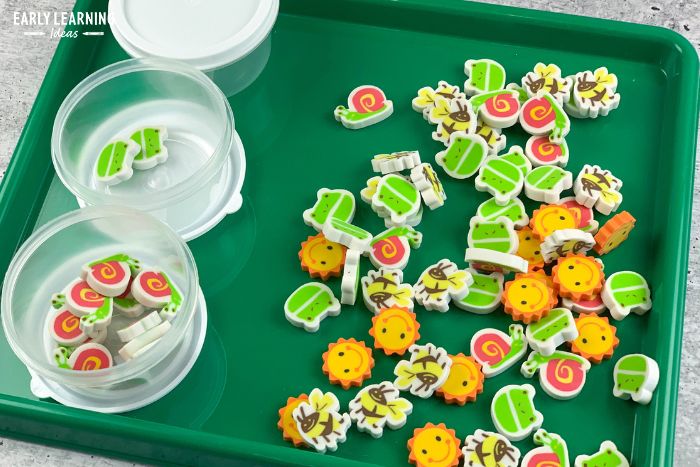 Small round plastic containers from Dollar Tree with a variety of mini erasers.  This sorting activity idea is an example of inexpensive fine motor dollar store preschool acttivities.
