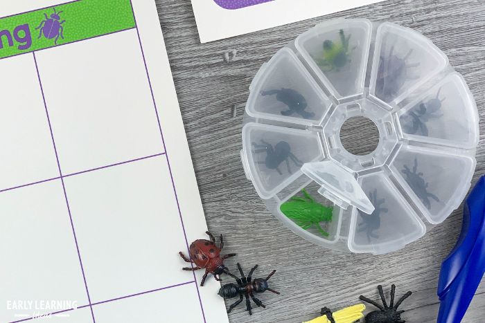 A small plastic divided container with small plastic bugs. An example of inexpensive dollar store preschool ideas for your classroom and pincer grasp activities for preschoolers.