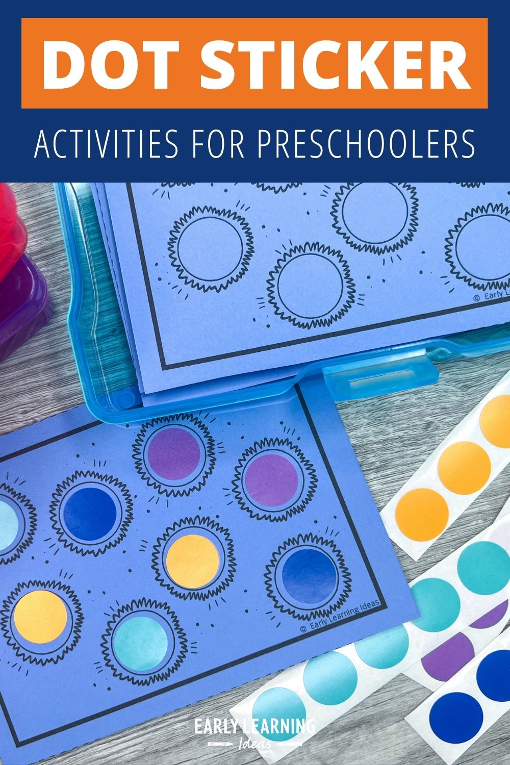 Dot sticker activities - a printable dot sticker task card printed on blue paper with purple, blue, orange, and teal dot stickers.