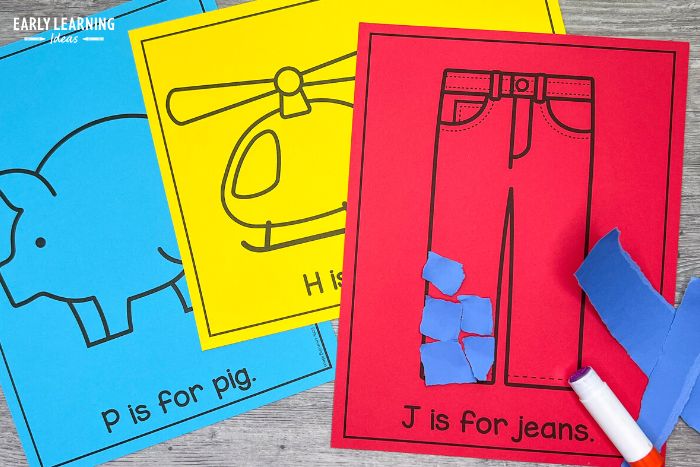 paper tearing letter activity for preschool and kindergarten.  The picture show torn paper worksheets including "j is for jeans", "h is for helicopter", and "p is for pig".
