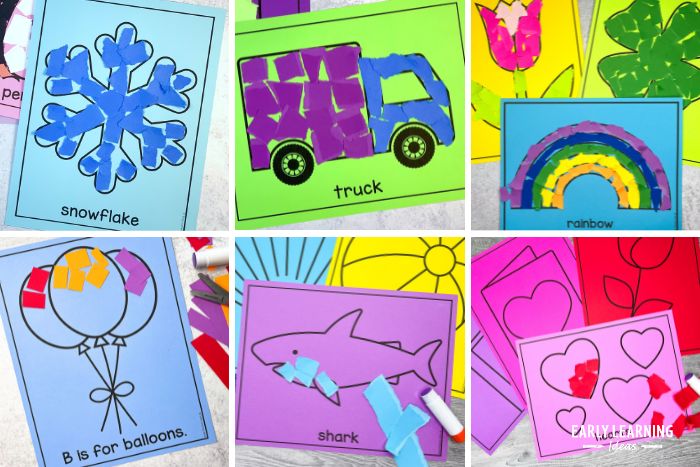 paper tearing activities to build fine motor skills.  The picture collage includes a torn paper snowflake activity, a truck image, a torn paper rainbow craft, a balloon alphabet torn paper worksheet, a shark, and a paper tearing Valentines day craft.