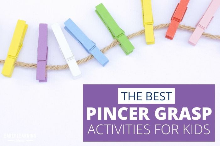 The best pincer grasp activities for preschoolers - a picture of colorful wooden clothespin clips clipped on a length of twine.