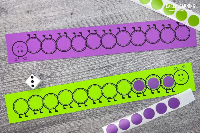 caterpillar dot sticker printable strips with dot stickers and a die - a fine motor activity and a game - an example of bug and insect activities for preschoolers