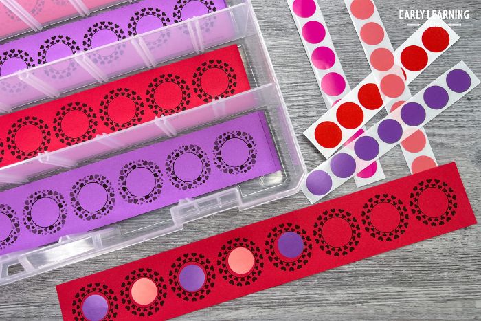 red and purple heart dot sticker printables used for patterning activities and as simple fine motor activities for preschoolers