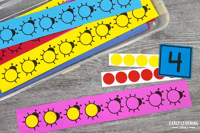 ladybug dot sticker printables and dot stickers shown with a number 4 used as a counting activity - a simple fine motor activity for preschoolers