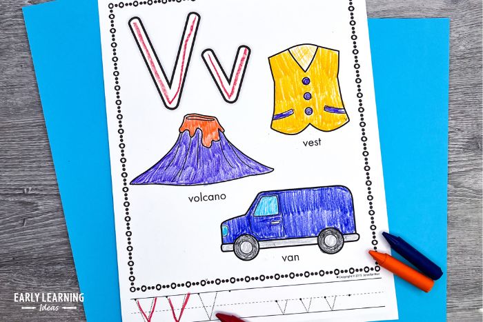 A letter V alphabet tracing sheet - a simple abc letterworksheet for preschoolers.
