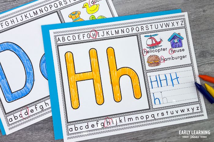 Letter H alphabet tracing sheet - This printable alphabet sheet will help kids trace letters, form letters, recognize letters, and learn letter sounds.  Show with crayons.