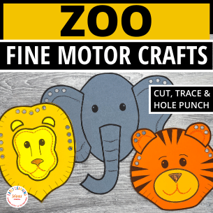 zoo animal crafts and fine motor activities.  A lion craft, elephant craft, and a tiger craft.