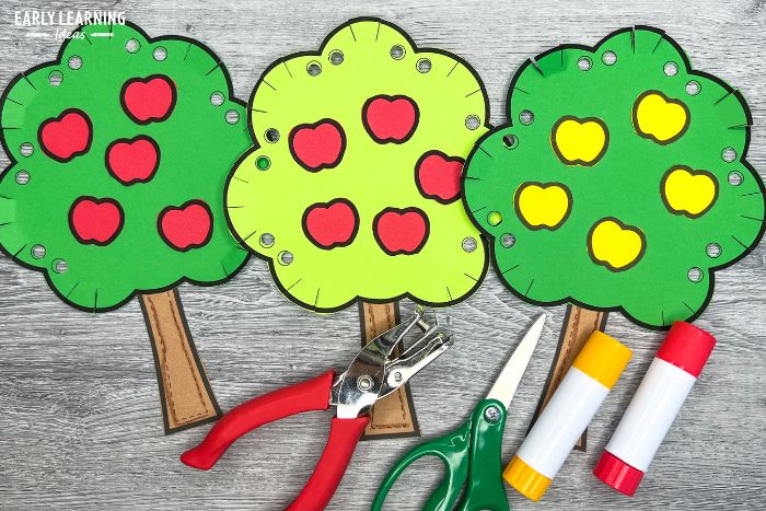 apple tree printable crafts with yellow and green apples on them.