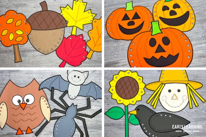 Fall fine motor craft activities - the photo includes an acorn, fall trees, leaves, pumpkins, jack-o-lanterns, spider, owl, bat, sunflower, crow, and a scarecrow craft.
