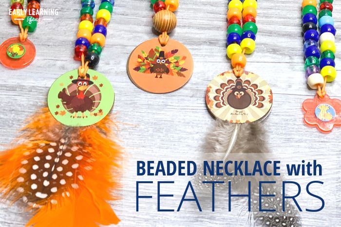 three feather and beaded necklace crafts for kids.