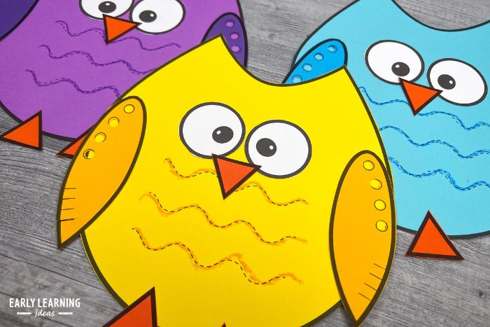 printable owl fine motor crafts.  There are three owls (purple, yellow, and teal)