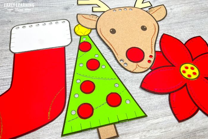 Printable Christmas fine motor crafts on brightly colored paper. A stocking, Christmas tree, reindeer, and poinsettia craft are shown.