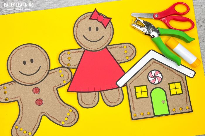 gingerbread printable fine motor crafts with scissors, hole punch, and glue stick. A gingerbread man, gingerbread girl, and gingerbread house crafts are shown.