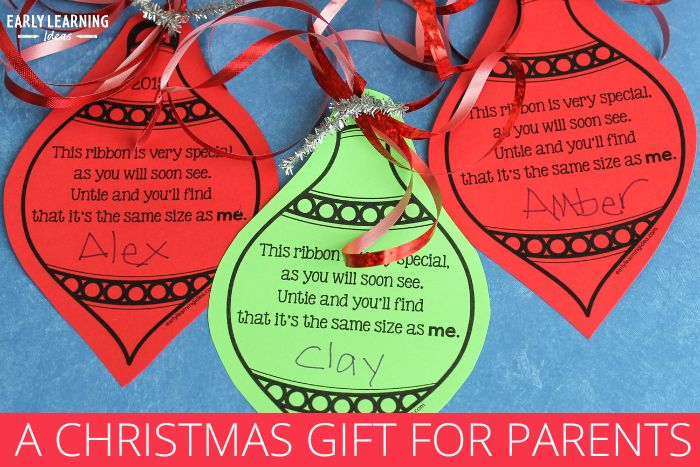 printable ornaments with ribbon as a preschool Christmas gift for parents.  Three printable ornaments are shown.  All have ribbon attached and have a poem written on them.
