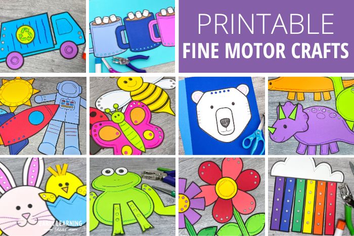 printable fine motor crafts and activities for kids.  These hole punch crafts for kids help build pre-writing skills and scissor skills.  The images in the collage include a recycling truck craft, a seedling craft, a printable sun, rocket, and astronaut craft, a butterfly, bumblebee, duck, dinosaur, bunny, chick frog, flowers, and rainbow hole punching craft
