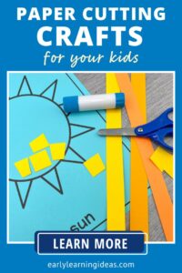 paper cutting crafts for kids - A printable sun is shown with yellow and orange strips of paper, scissors, and a glue stick.