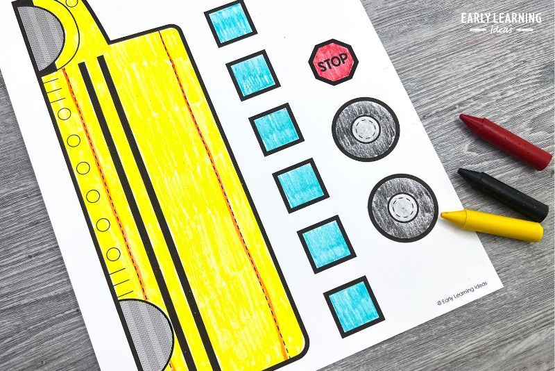 printable school bus craft shown with crayons