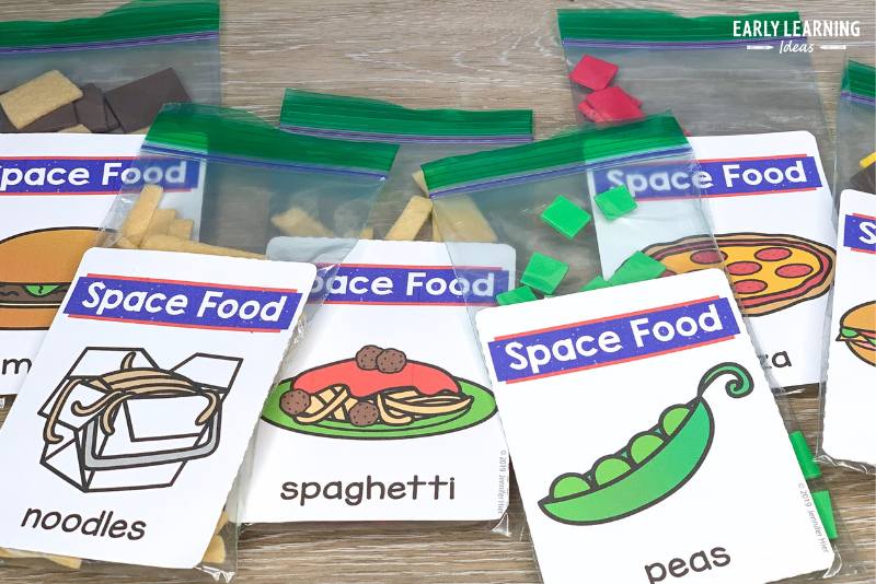 Pretend space food made from foam for a space dramatic play area