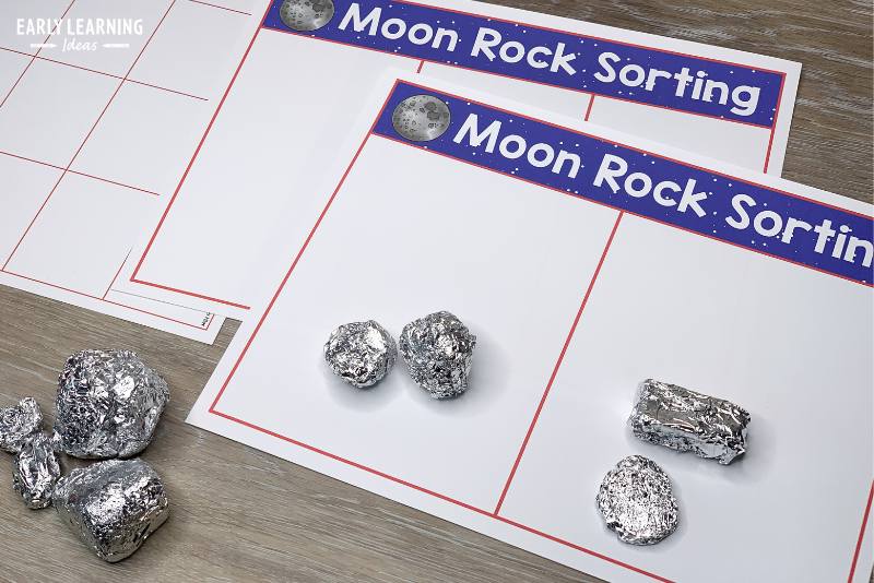 Moon rock sorting sheets for a space station dramatic play center