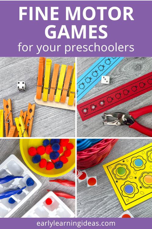 fine motor games for preschoolers with a collage of several diffrerent games