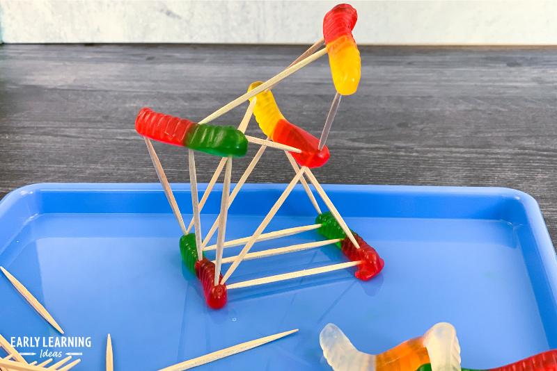 an example of how to build a tower- a tower made from gummy worms and toothpicks