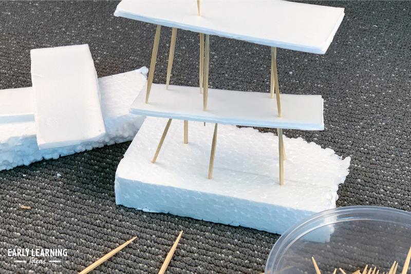 an example of how to build a tower- a tower flat sheets of foam and toothpicks