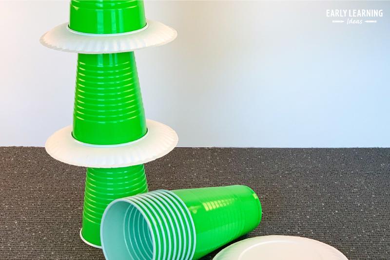 how to build a tower - a tower made from green solo cups and paper plates