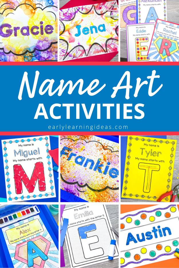 Use Name Coloring Pages for Name Art Activities - a collage of name art examples are included on this title image.