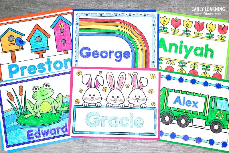 spring name art coloring pages and sheets include a birdhouses, rainbow, spring flowers, frog, Easter bunnies, and recycling truck pages.