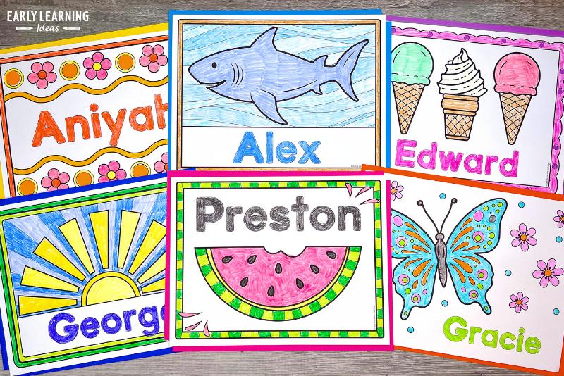 summer theme coloring sheets include a flower, shark, ice cream, sun, watermelon, and butterfly coloring sheet that can be personalized with your kids name on them.