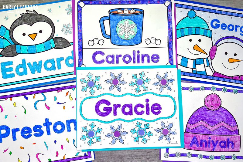winter name art coloring pages or sheets. A penguin, hot cocoa, snowman, confetti, snowflake, and hat image are shown.