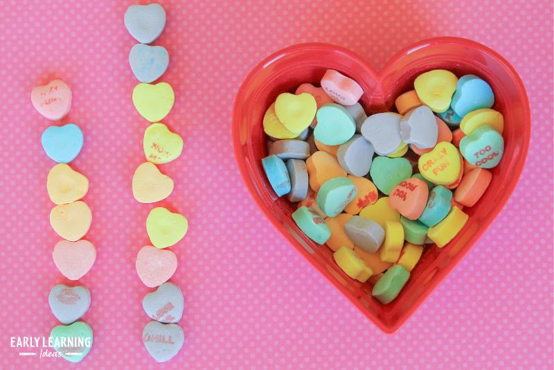 Hearts are placed in two different columns as an example of learning activities wtih conversation hearts.