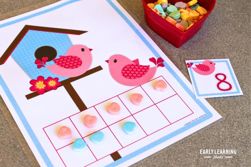 We used conversation hearts on a Valentine's day themed 10 frame number mat.