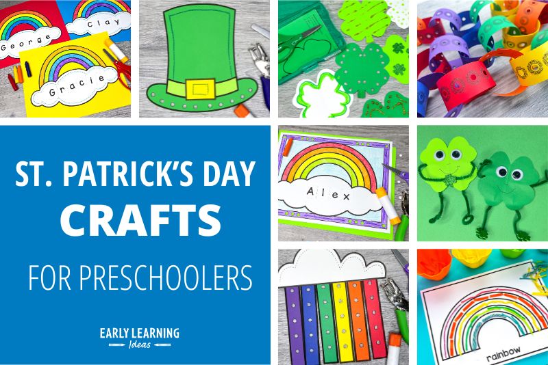 St. Patrick's Day Crafts for Preschool - A collage featuring rainbow crafts, shamrock crafts and leprechaun crafts for kids