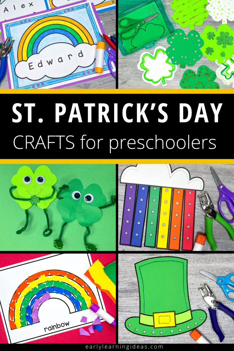 St Patricks Day crafts for preschool. A collage of rainbow, shamrock, and leprechaun crafts.