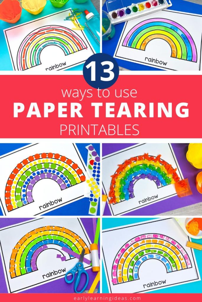 13 ways to use paper tearing printables to make rainbow crafts for kids. A collage shows a variety of different crafts made with a rainbow printable.