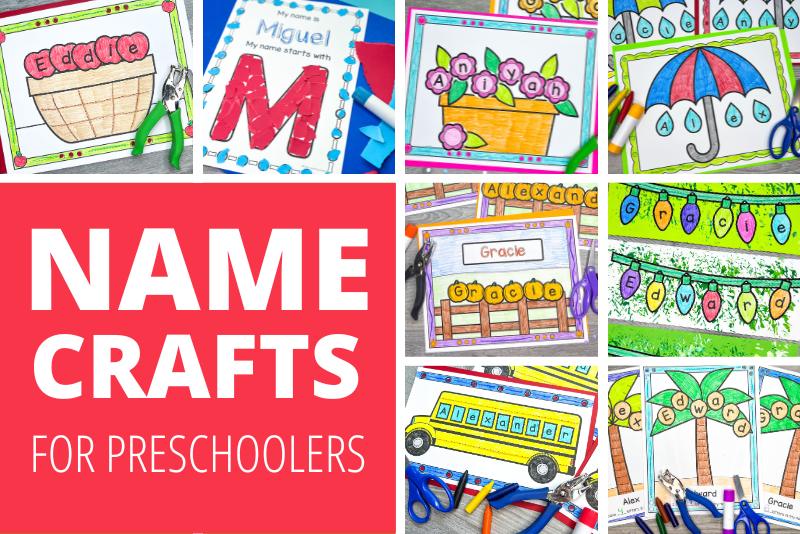 Cut and paste name crafts for preschool and kindergarten. The collage shows a variety of name craft activities.