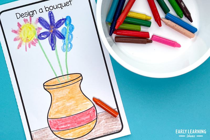 Design a bouquet worksheet shown with crayons