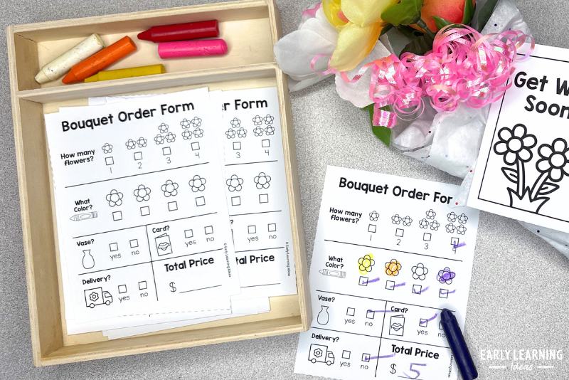 printable bouquet order forms used in a flower shop dramatic play area.