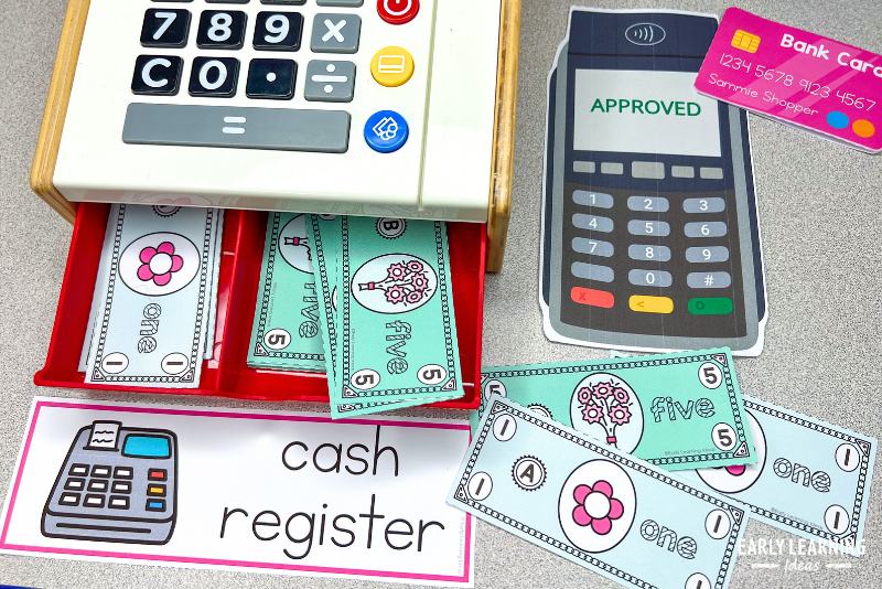 Cash register, bank card, and printable credit card scanner used in a flower shop dramatic play area.
