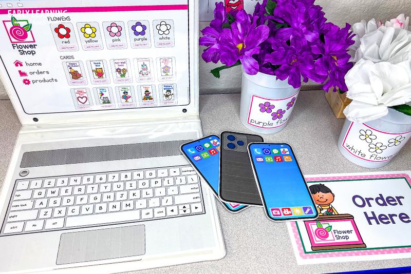 A diy laptop and cell phones to use in a flower shop dramatic play center.
